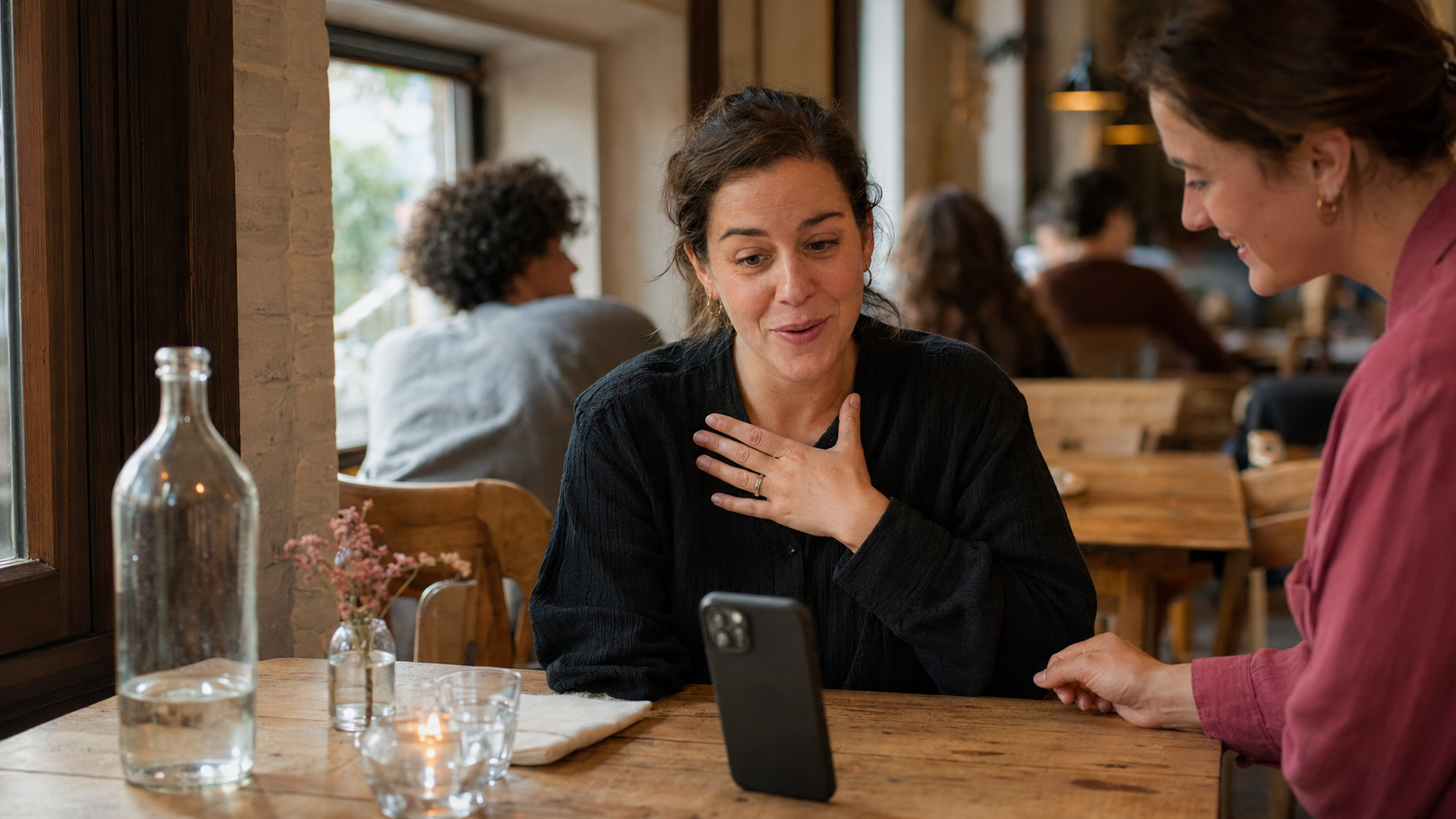 A customer pleasantly surprised while listening to her personalized song in a café