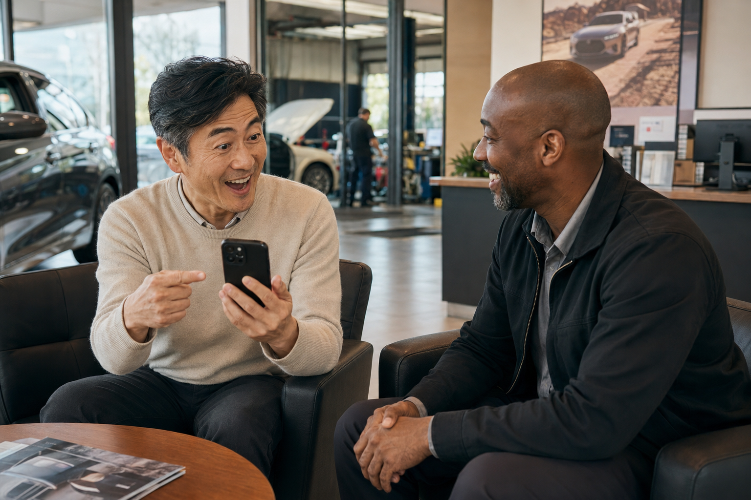 A dealership customer sharing a birthday-club song and reward with a service advisor